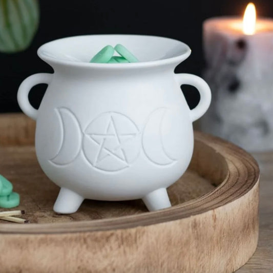 White Ceramic Triple Moon Cauldron Wax and Oil Burner