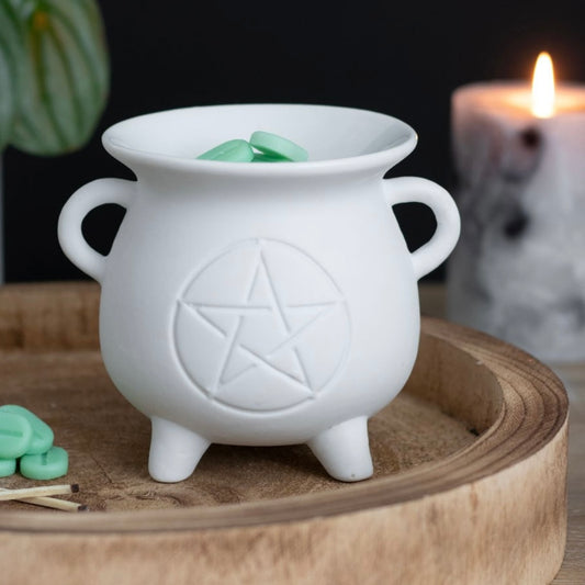 White Ceramic Pentagram Cauldron Wax and Oil Burner